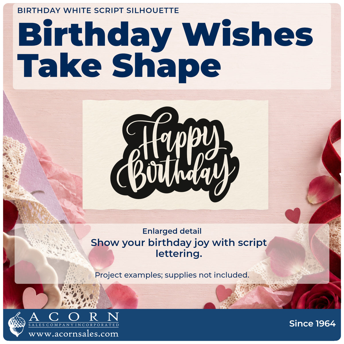 Enlarged detail of the Happy Birthday Cutout Script Lettering Craft Stamp – Self-Inking imprint. Happy Birthday appears in negative-space flowing script on an irregular dark outline.