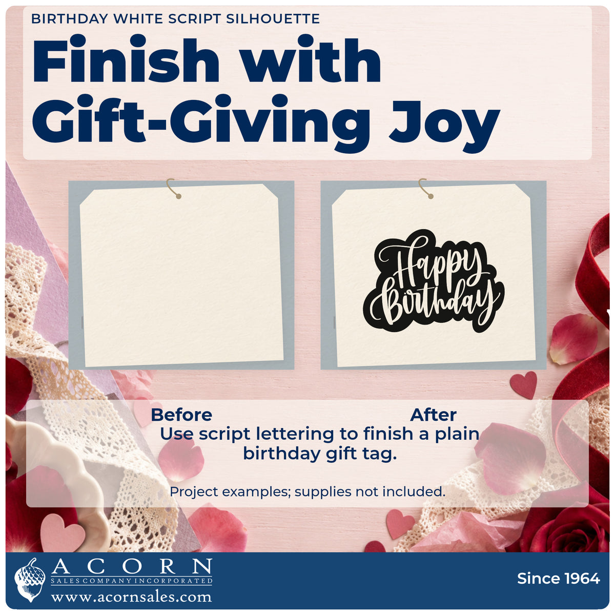Before and after of a plain item finished with the Happy Birthday Cutout Script Lettering Craft Stamp – Self-Inking, a quick upgrade for framed work shop.