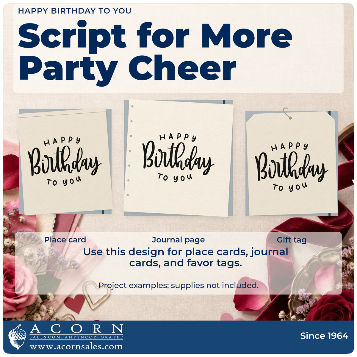 Three project examples made with the Happy Birthday To You Arch Premium Wooden Stamp – Vintage Pro, including booking night sheet.