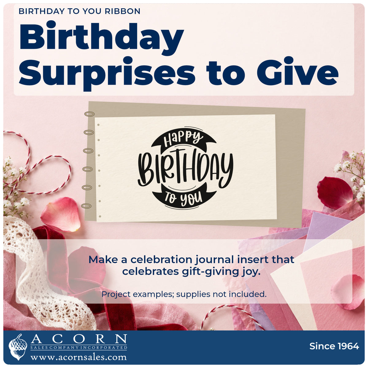 A finished handmade project stamped with the Happy Birthday Double Ribbon Lettering Rubber Stamp – Wood Handle, ideal for rail day album page.