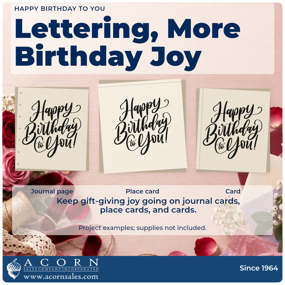 Three project examples made with the Happy Birthday To You! Script Lettering Pre-Inked Stamp – PSI, including stay plan sheet.
