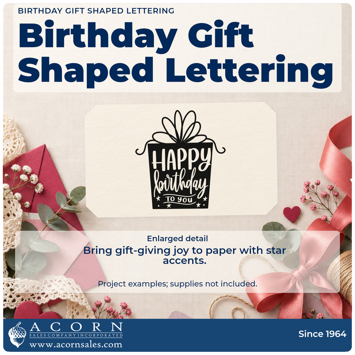 Enlarged detail of the Birthday Gift Shaped Word Art Wood-Mounted Rubber Stamp imprint. A dark wrapped-gift silhouette contains HAPPY birthday TO YOU with a large outlined bow and tiny stars.