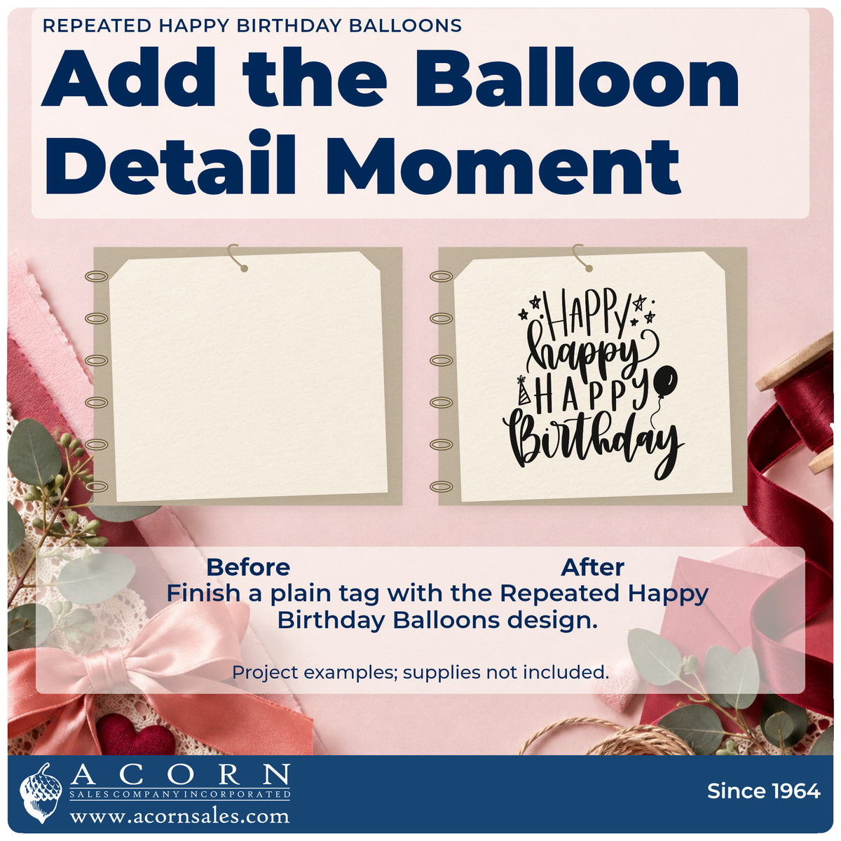 Before and after of a plain item finished with the Wood Handle Repeated Happy Birthday Balloons Candles Rubber Stamp, a quick upgrade for framed play room.