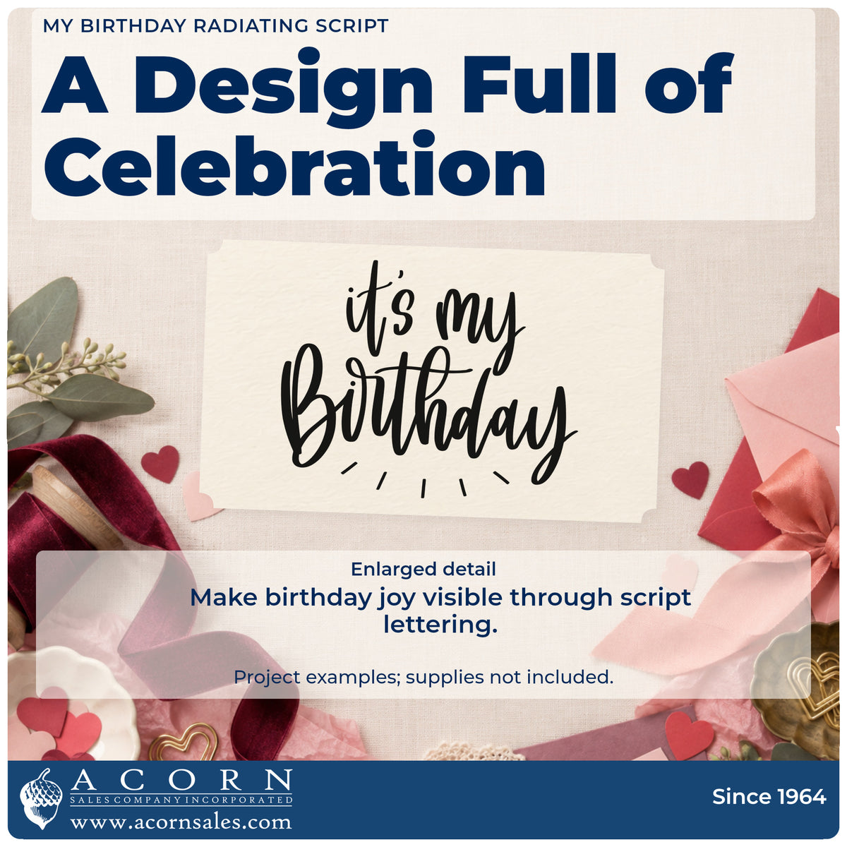 Enlarged detail of the My Birthday Radiating Script Lettering Hand Stamp – Duo imprint. it's my birthday appears in flowing script with short radiating lines below.