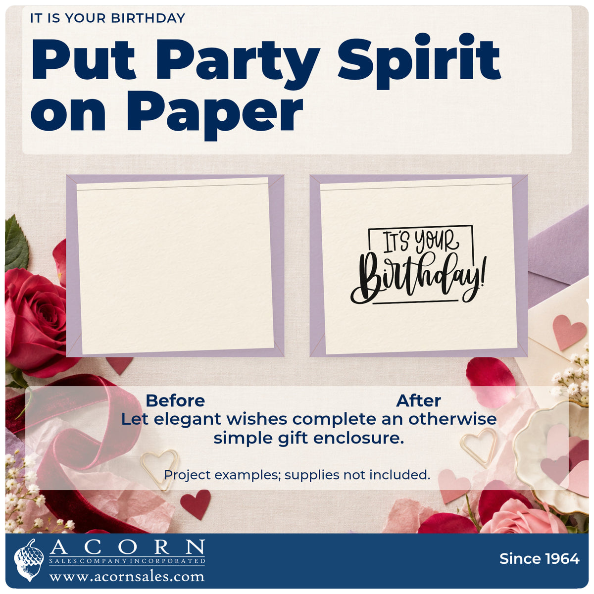 Before and after of a plain item finished with the It Is Your Birthday Pre-Inked Stamp – PSI, a quick upgrade for framed pass window.