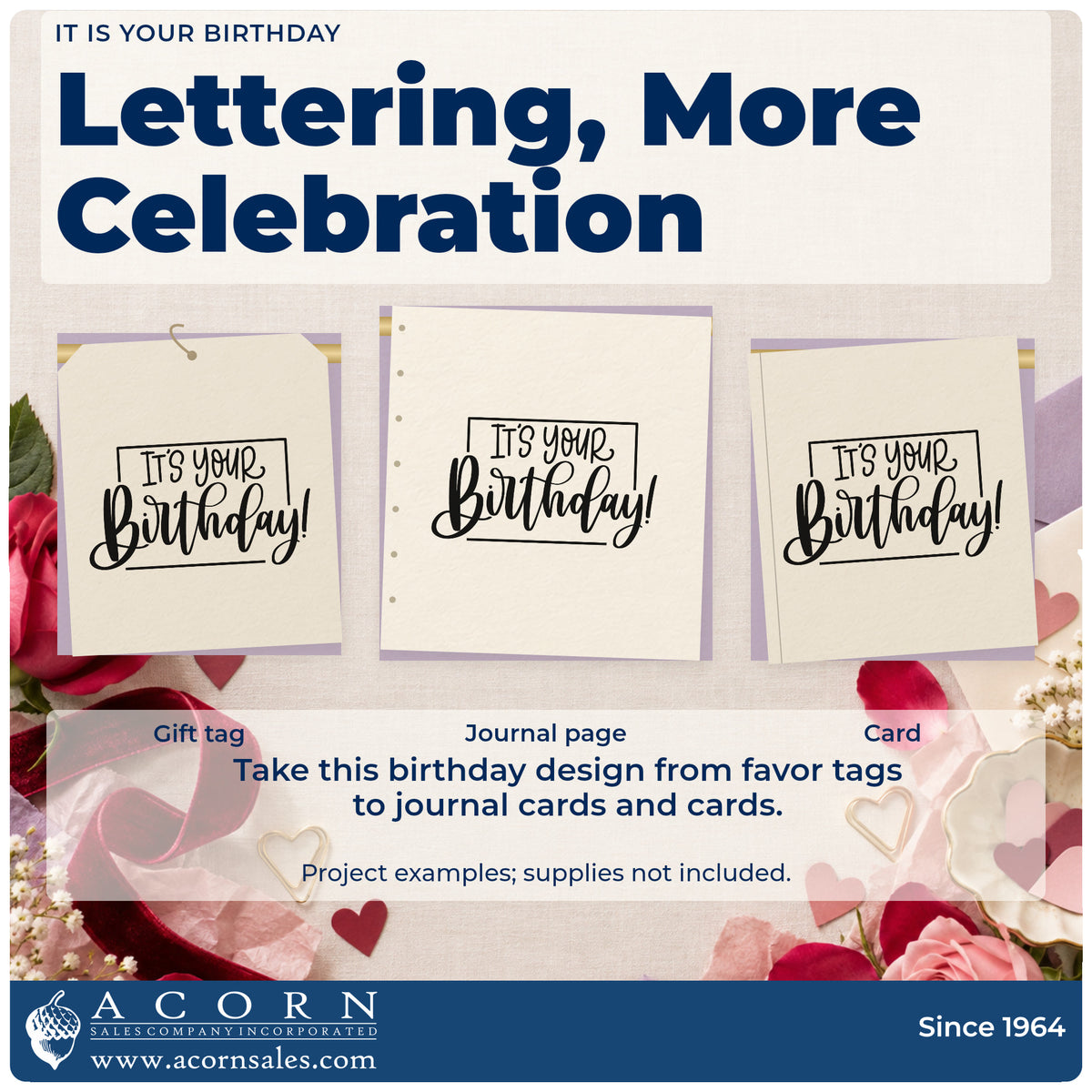 Three project examples made with the It Is Your Birthday Pre-Inked Stamp – PSI, including booking note sheet.