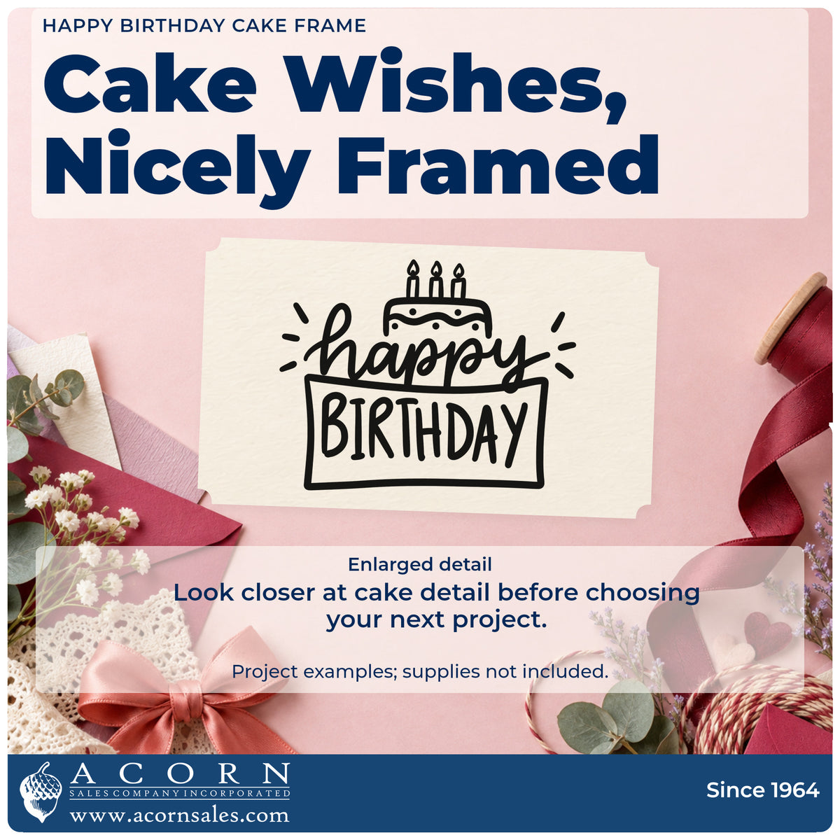 Enlarged detail of the Happy Birthday Cake Framed Lettering Hand Stamp – Duo imprint. happy BIRTHDAY appears with a three-candle cake, side accent rays, and an outlined lower rectangle.