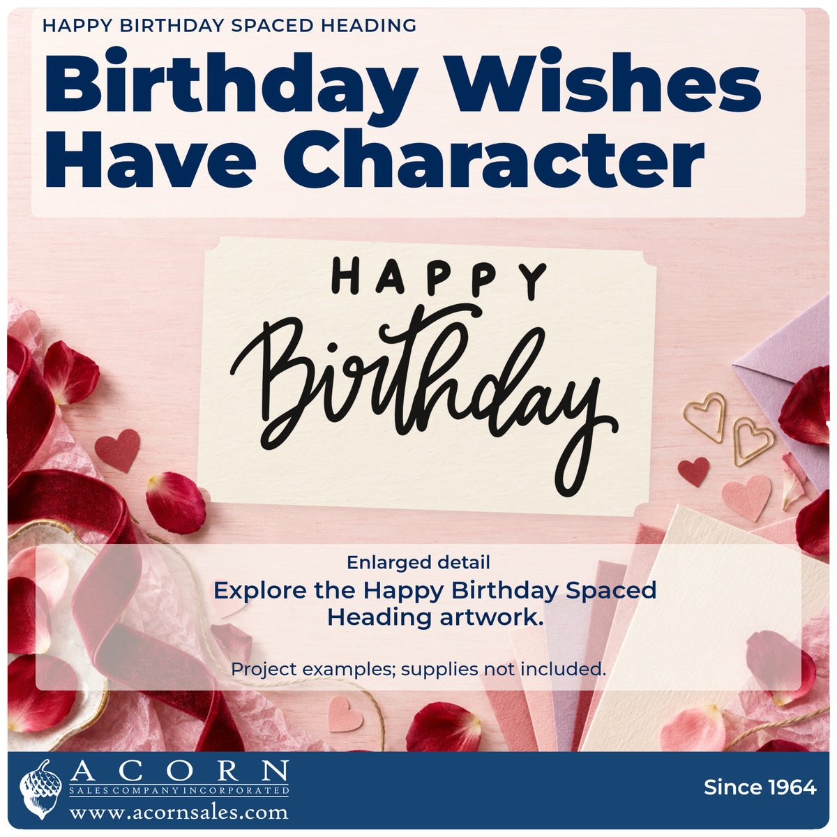Enlarged detail of the Happy Birthday Spaced Heading Stamp – Wood Handle imprint. Spaced HAPPY capitals sit above a broad flowing Birthday script.