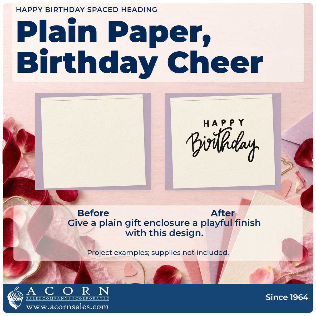 Before and after of a plain item finished with the Happy Birthday Spaced Heading Self-Inking Stamp, a quick upgrade for framed meeting hall.