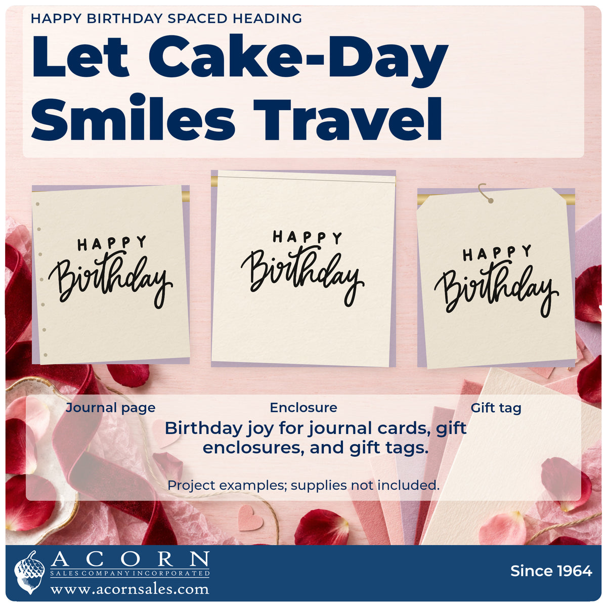 Three project examples made with the Happy Birthday Spaced Heading Rubber Stamp – Duo Hand, including session count sheet.