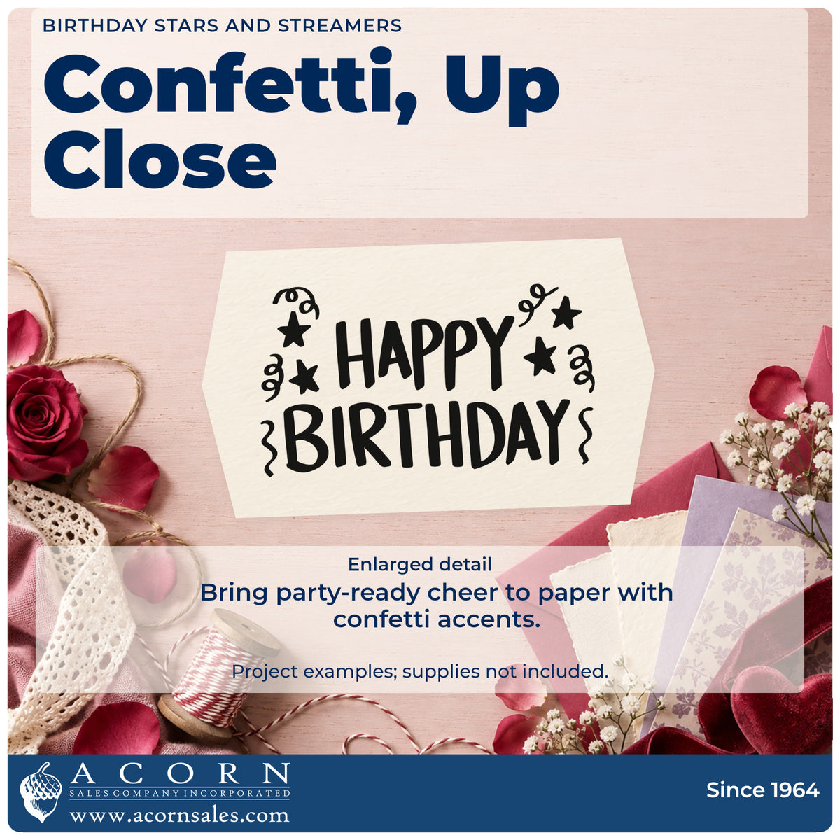 Enlarged detail of the Birthday Stars And Streamers Block Lettering Rubber Stamp – Wood Handle imprint. HAPPY BIRTHDAY appears in hand-drawn capitals surrounded by stars and curling streamers.