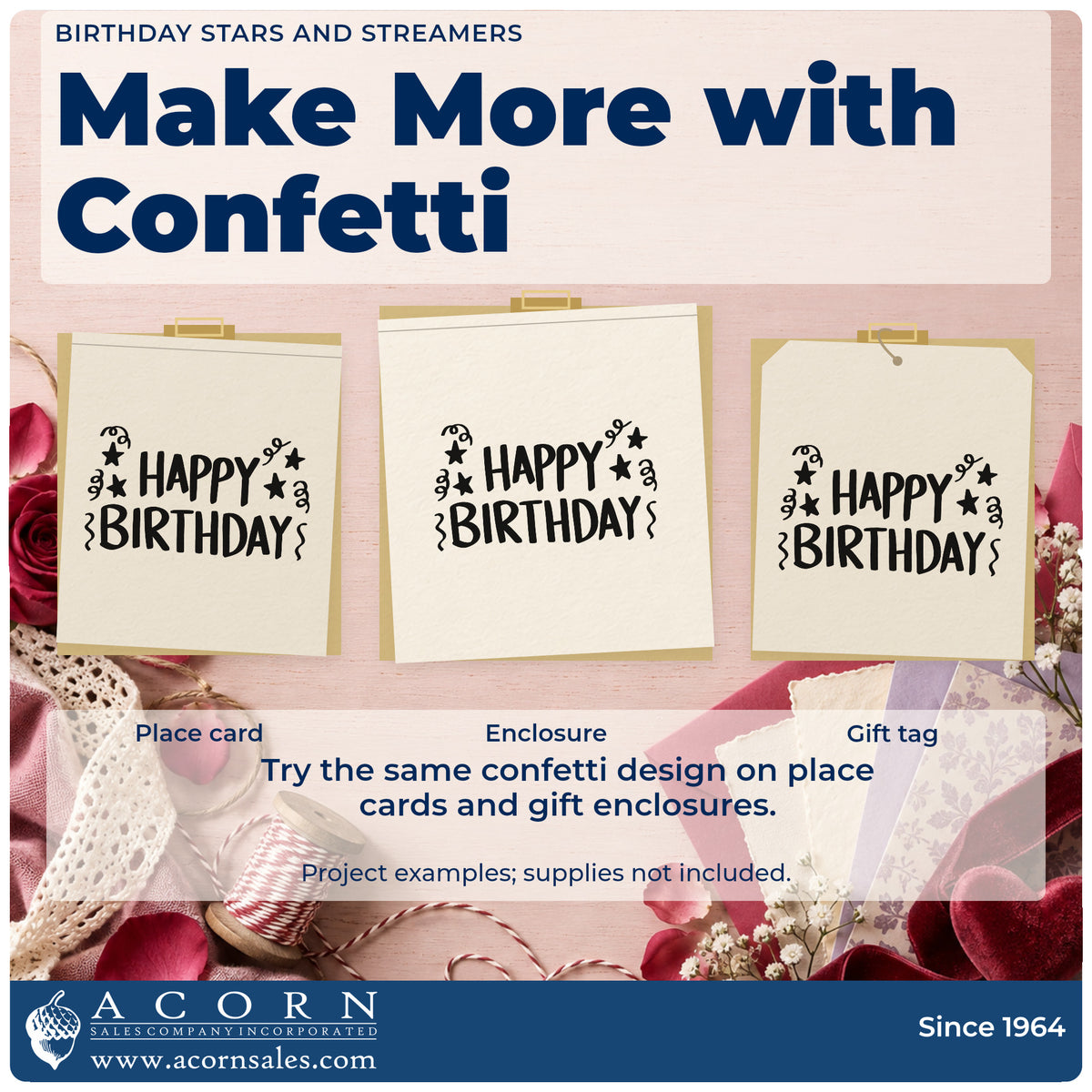 Three project examples made with the Birthday Stars And Streamers Block Lettering Slim Pre-Inked Stamp, including party run sheet.