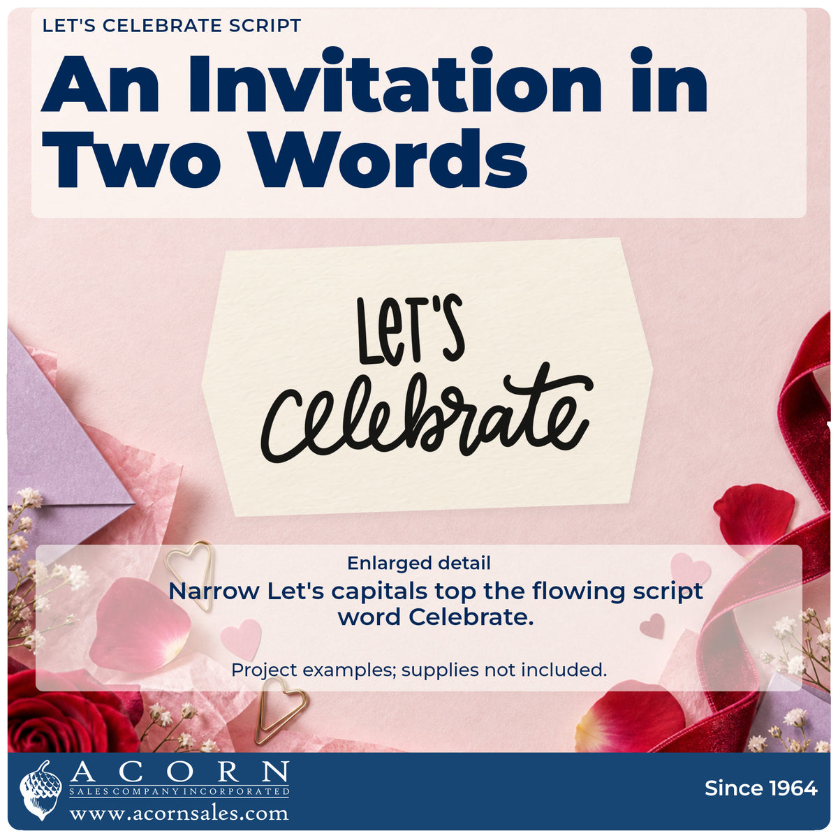 Enlarged detail of the Slim Pre-Inked Let's Celebrate Flowing Script Stamp imprint. LET'S appears in narrow capitals above the flowing script word Celebrate.