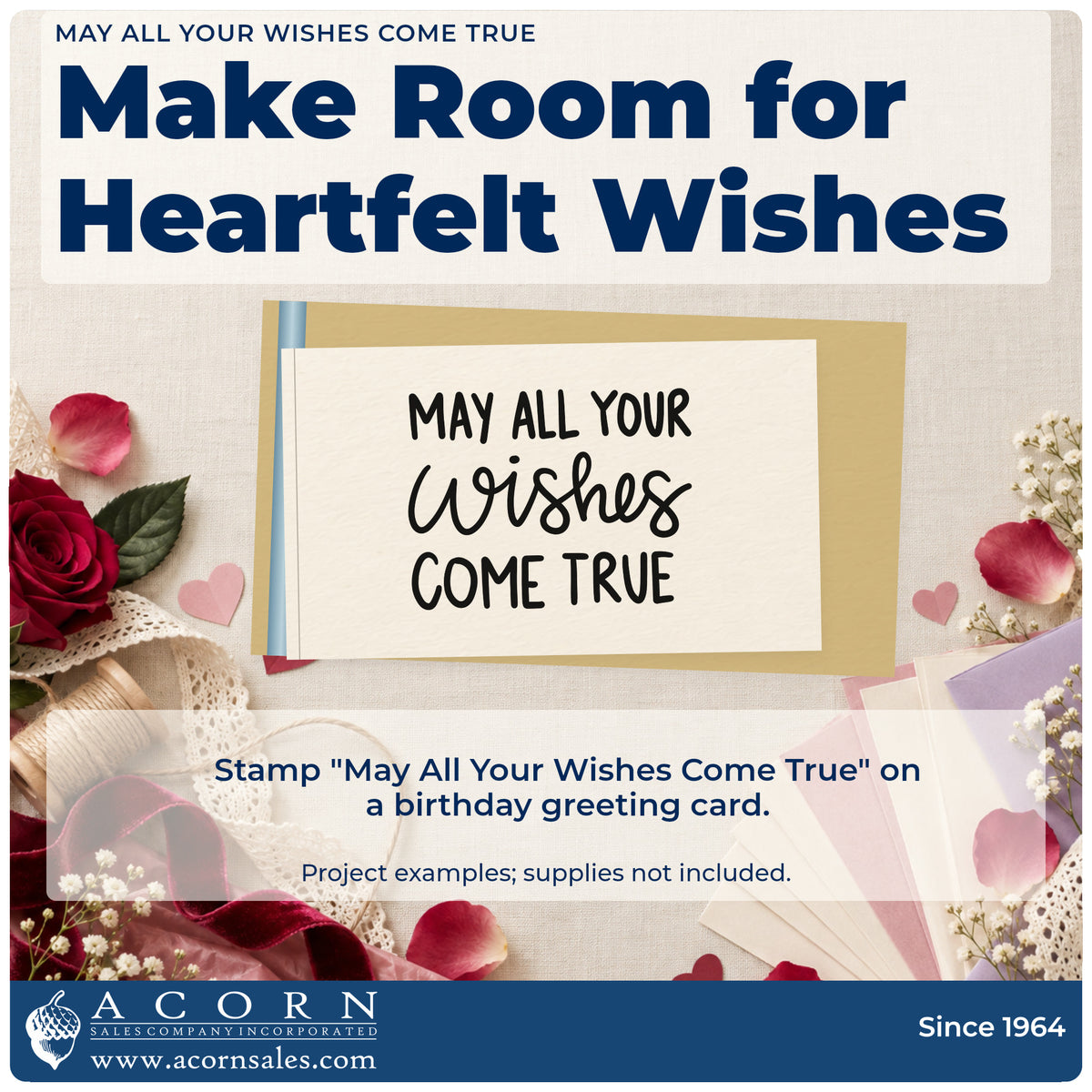 A finished handmade project stamped with the May All Your Wishes Come True PSI Pre-Inked Stamp, ideal for century album page.