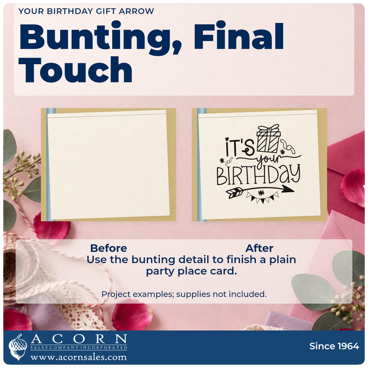 Before and after of a plain item finished with the Your Birthday Gift Arrow Bunting PSI Pre-Inked Stamp, a quick upgrade for framed front hall.