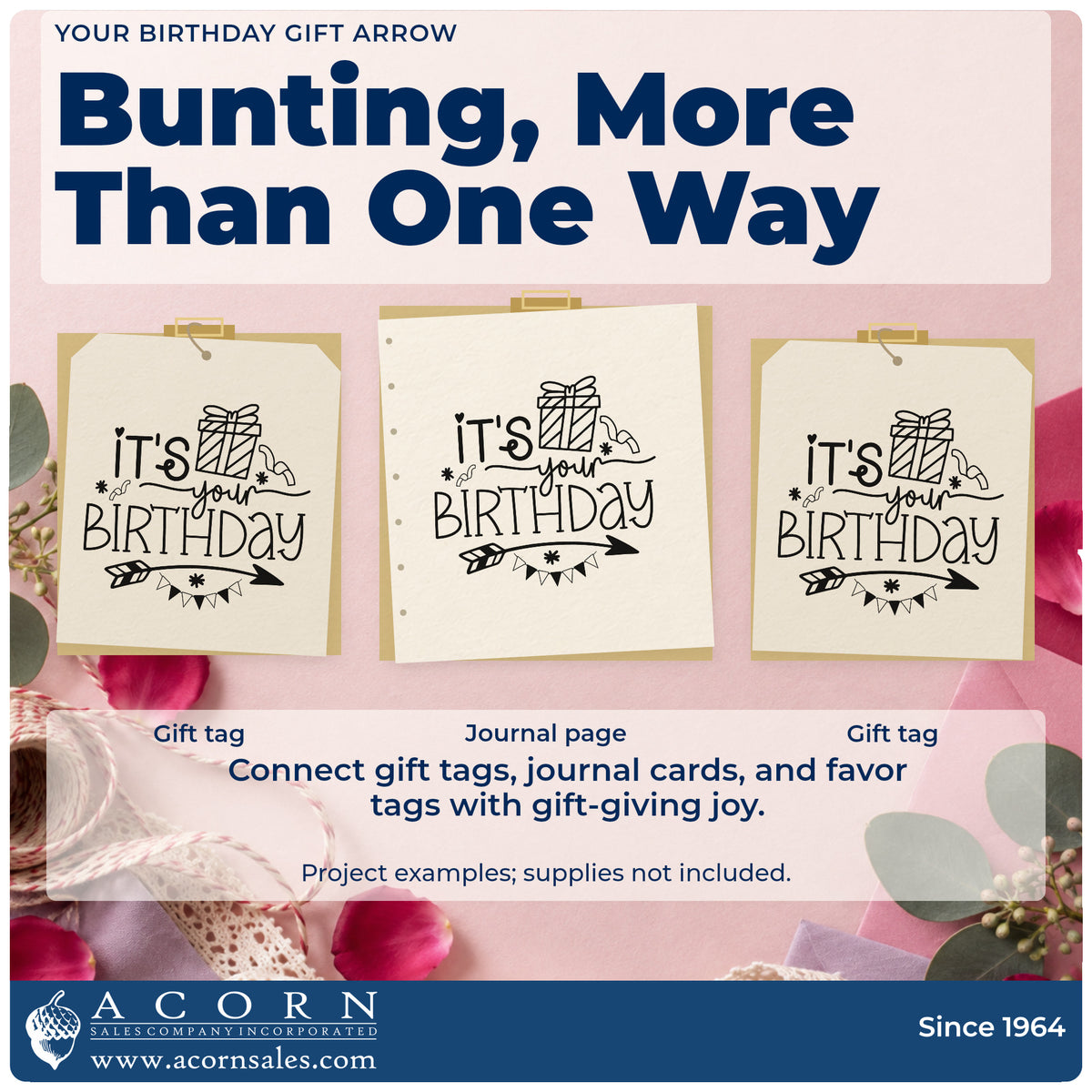 Three project examples made with the Wood Handle Your Birthday Gift Arrow Bunting Rubber Stamp, including clue order sheet.