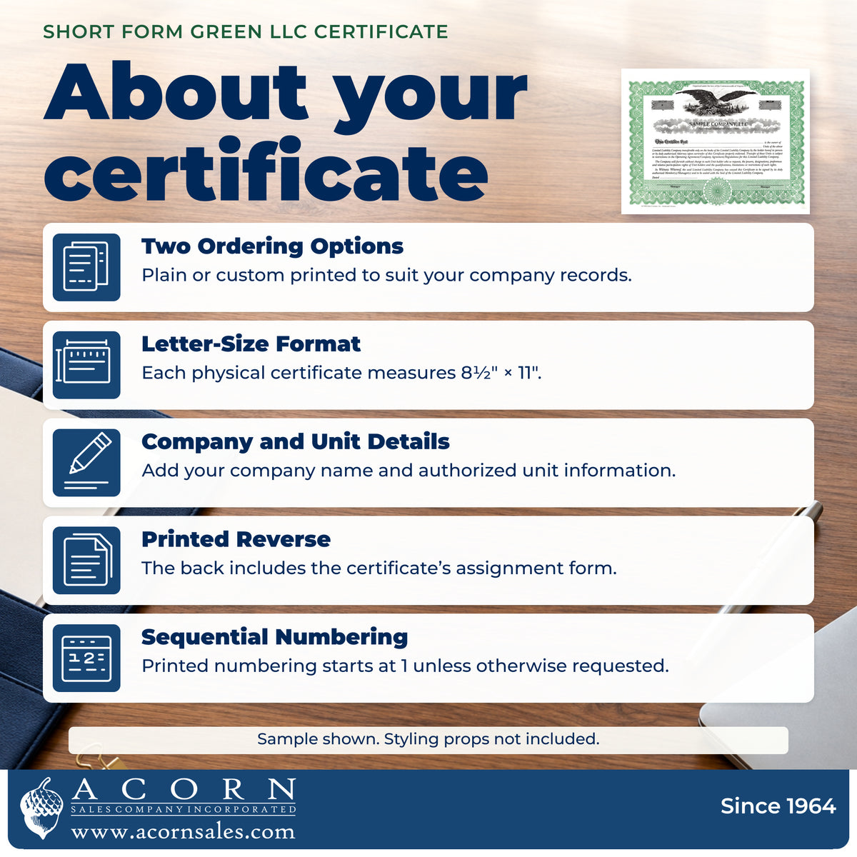 Five key facts about plain and custom-printed short form green LLC certificates.