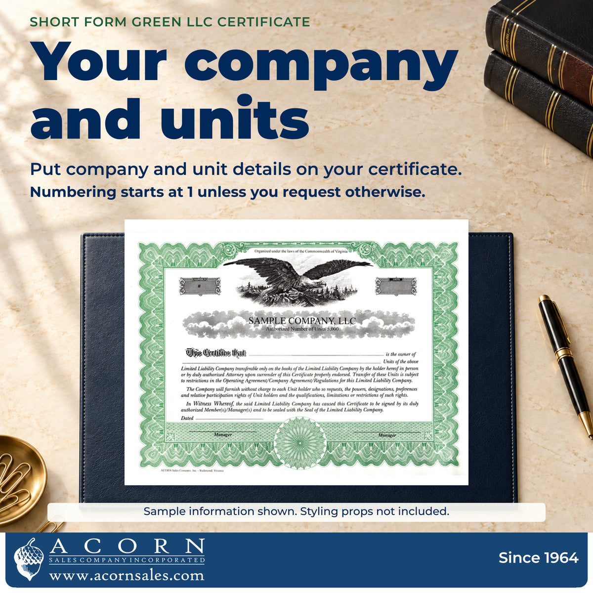 LLC certificate showing sample company name, authorized units and manager titles.