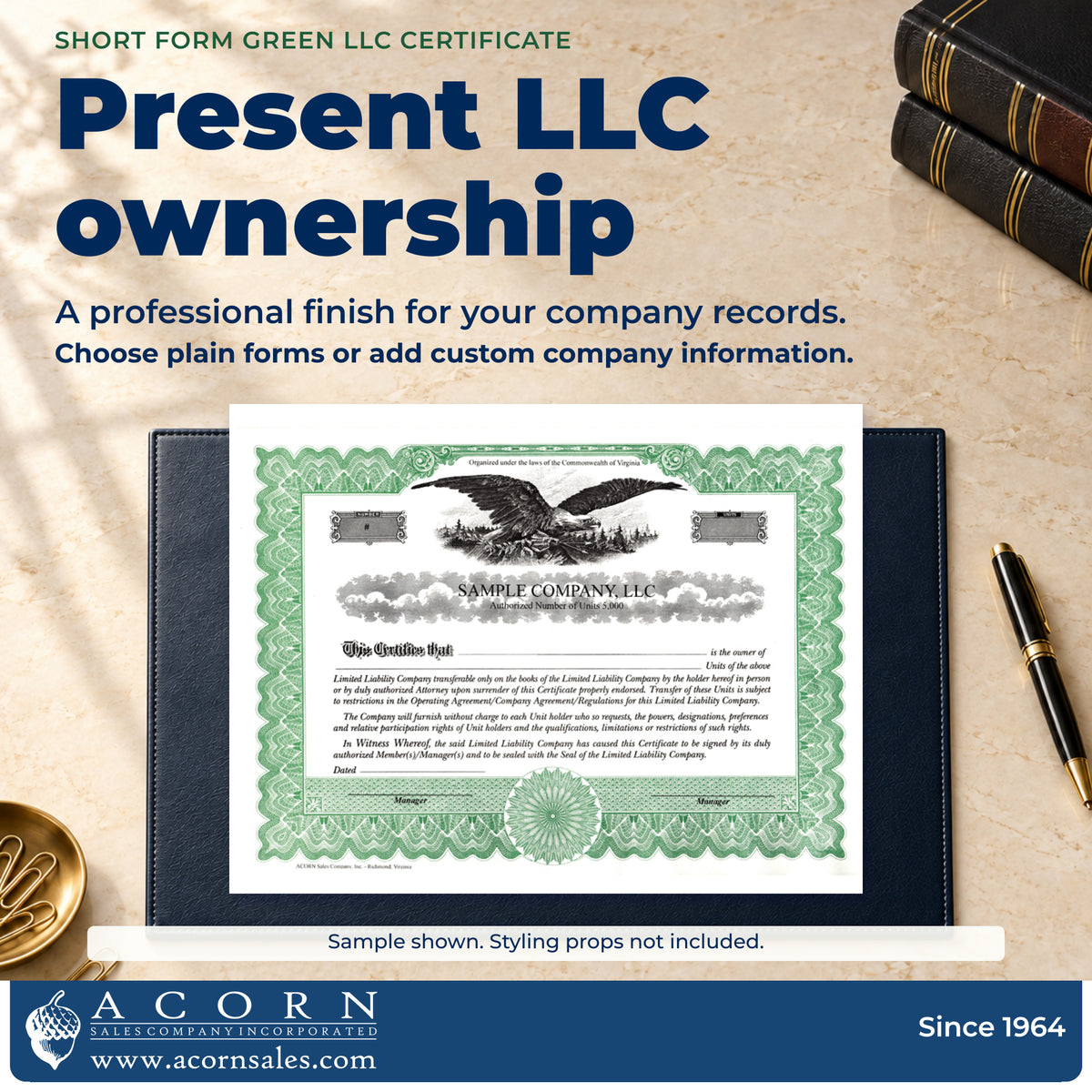 Custom-printed green LLC membership certificate on a navy folio at an attorney’s desk.