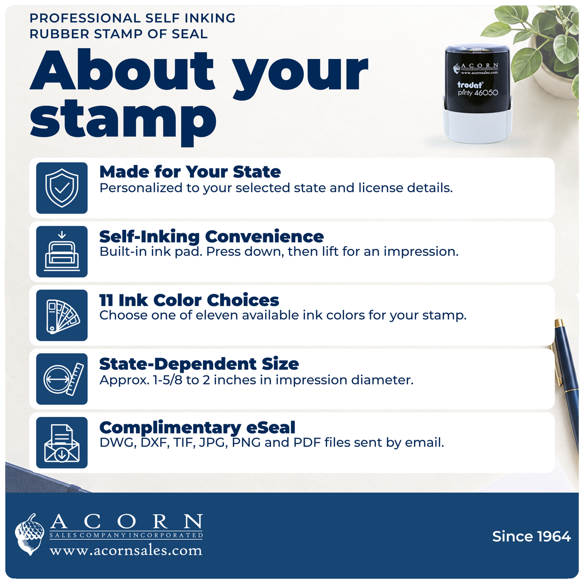 Professional Other stamp overview: state specifications, self-inking use, 11 ink colors, size and eSeal files.