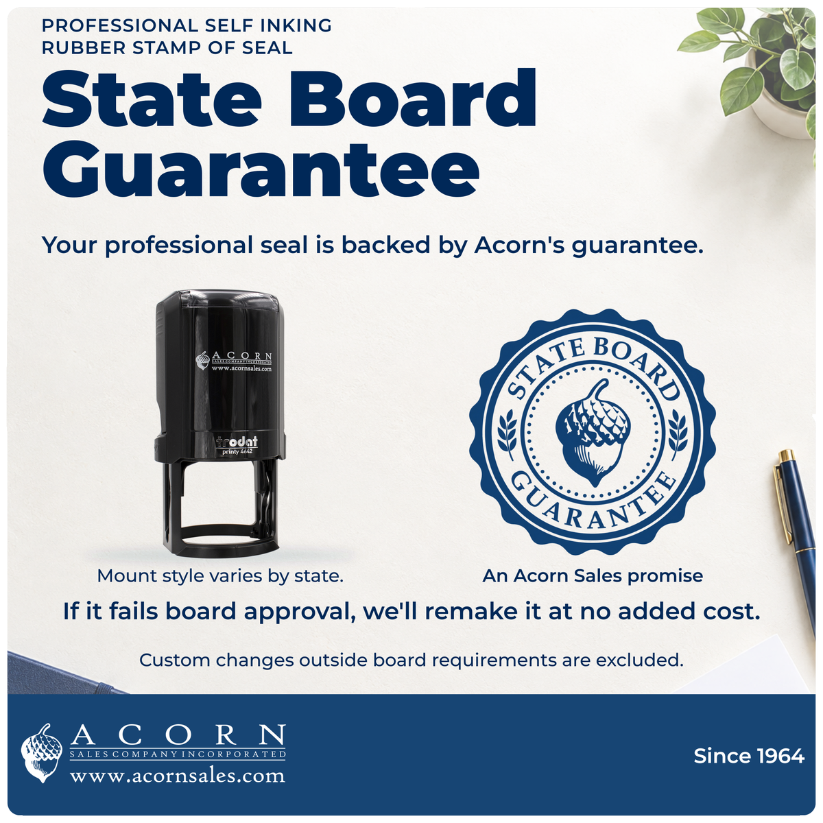 Licensed professional seal: State Board Guarantee, custom-change exclusion. Mount varies by state.