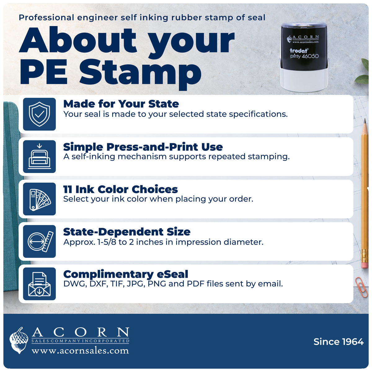 Five key facts about the self-inking engineer stamp: state specifications, operation, colors, size and included eSeal.