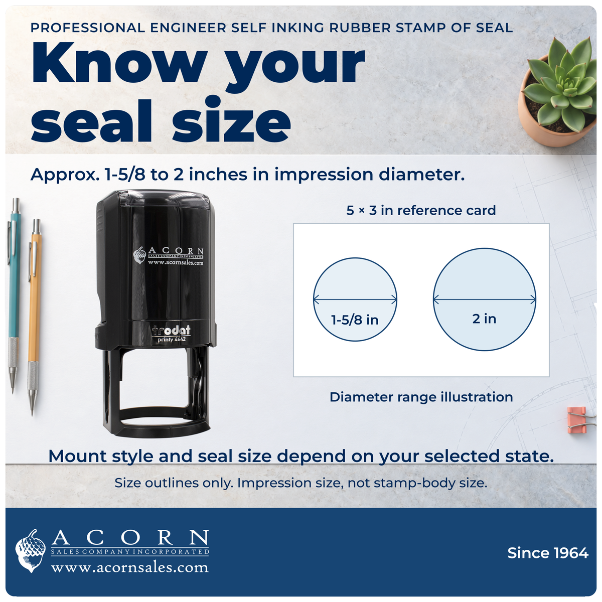 PE seal size: approximately 1-5/8 to 2 inches. Mount style and seal size vary by state.