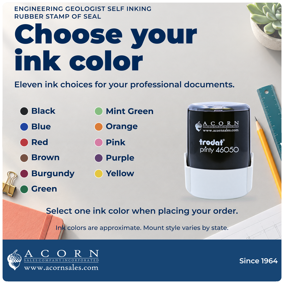 Engineering geologist stamp with 11 ink colors. Select one color. Mount style varies by state.