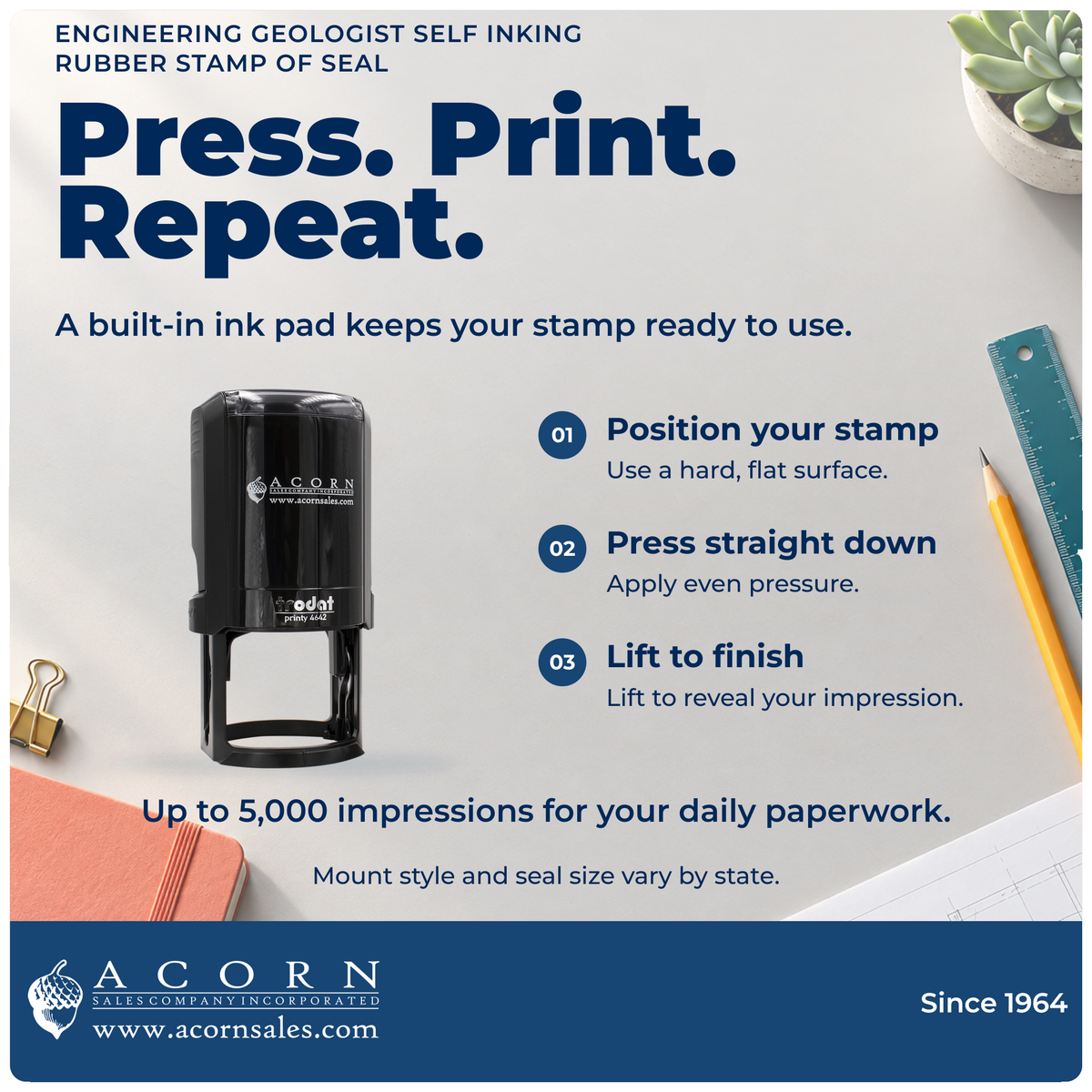 Engineering geologist self-inking stamp: position, press and lift. Mount and seal size vary by state.