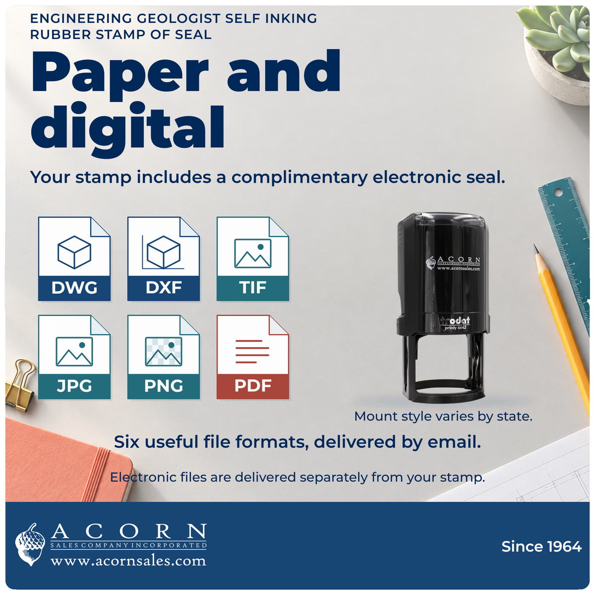 Engineering geologist stamp: DWG, DXF, TIF, JPG, PNG and PDF eSeal files by email. Mount varies by state.