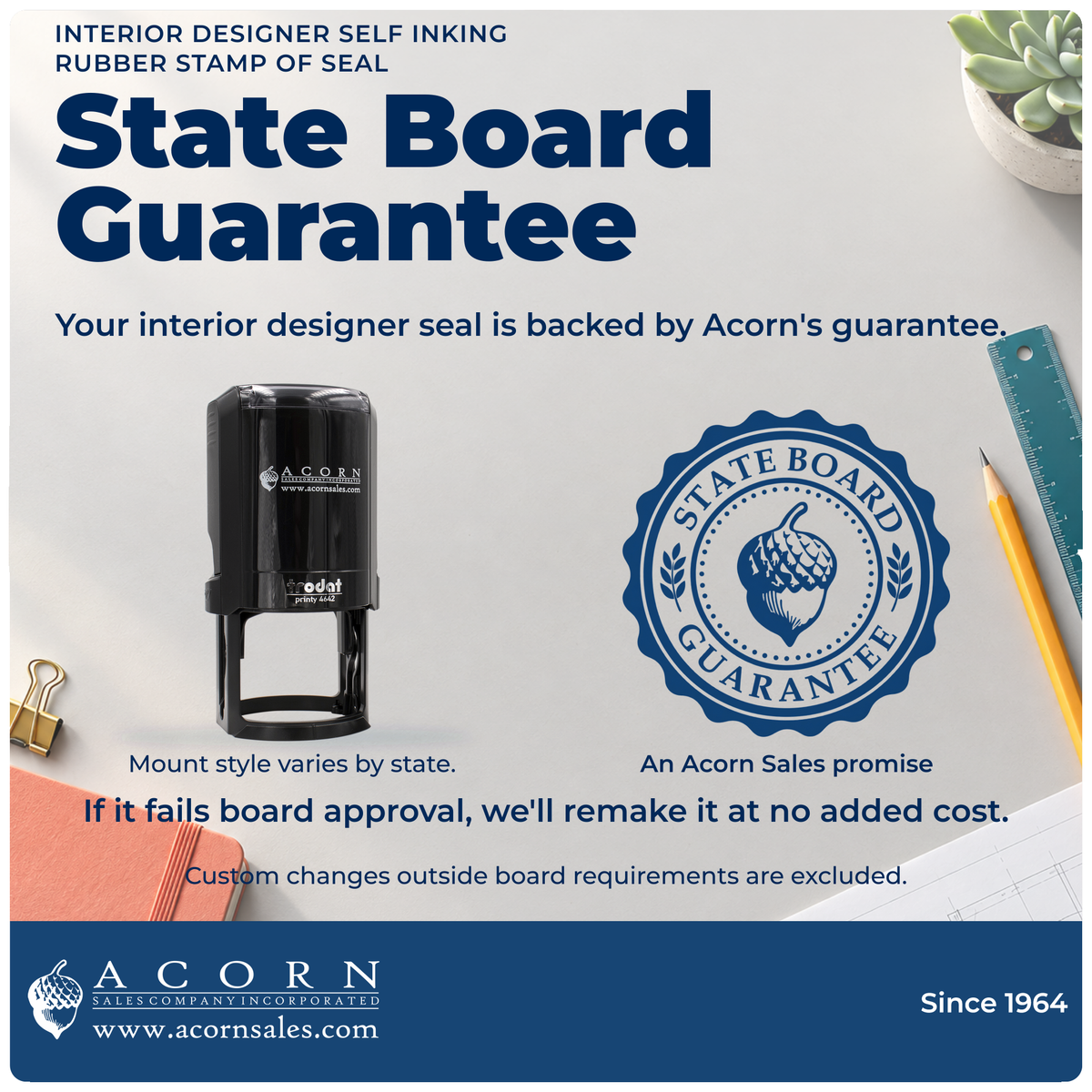 Interior designer seal: State Board Guarantee, custom-change exclusion. Mount varies by state.
