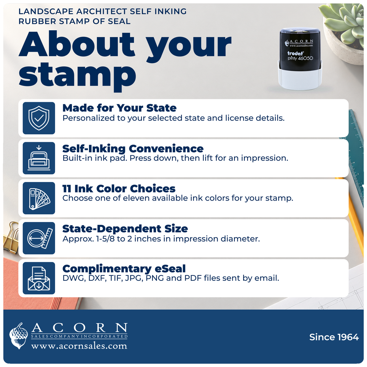 Landscape Architect stamp overview: state specifications, self-inking use, 11 ink colors, size and eSeal files.