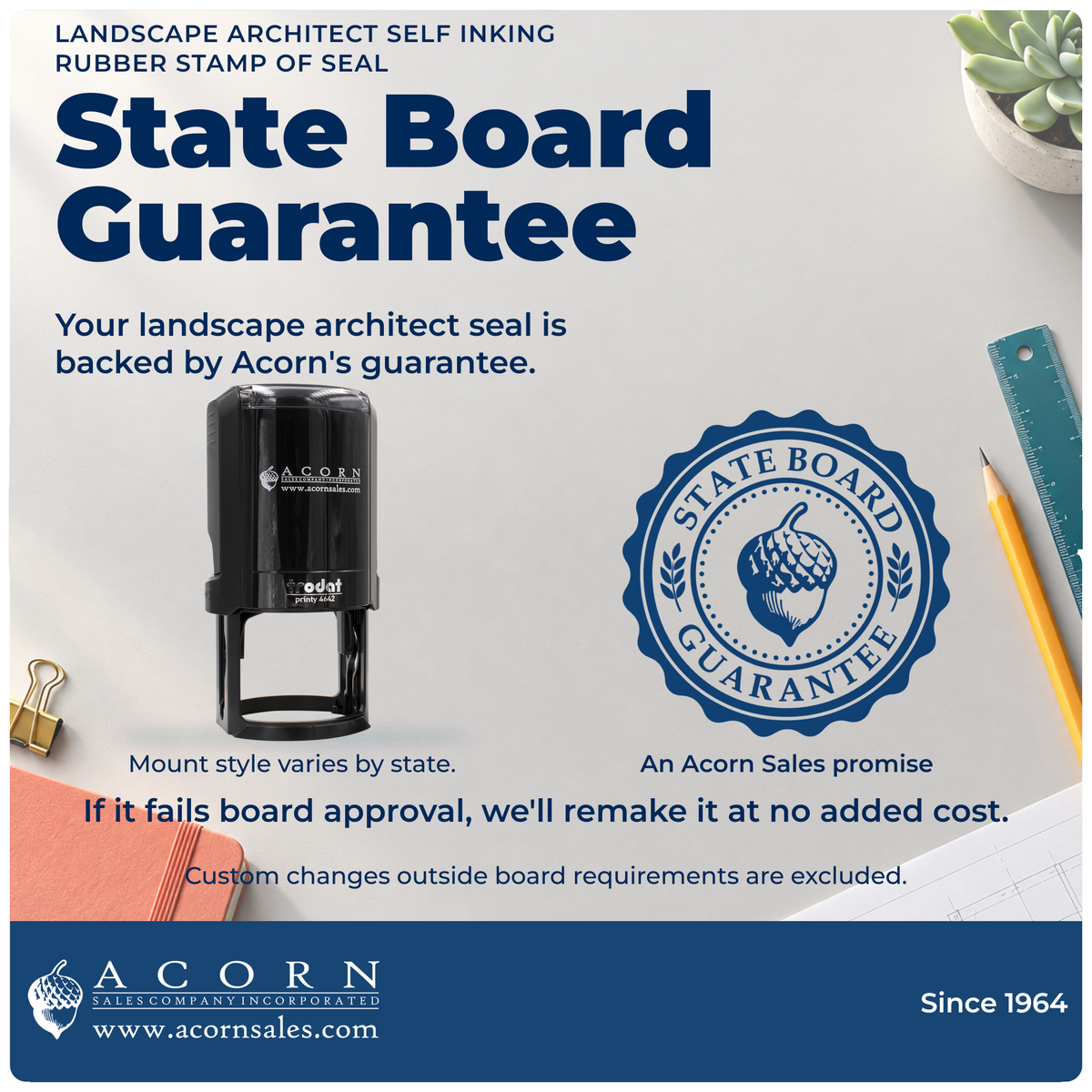 Landscape architect seal: State Board Guarantee, custom-change exclusion. Mount varies by state.