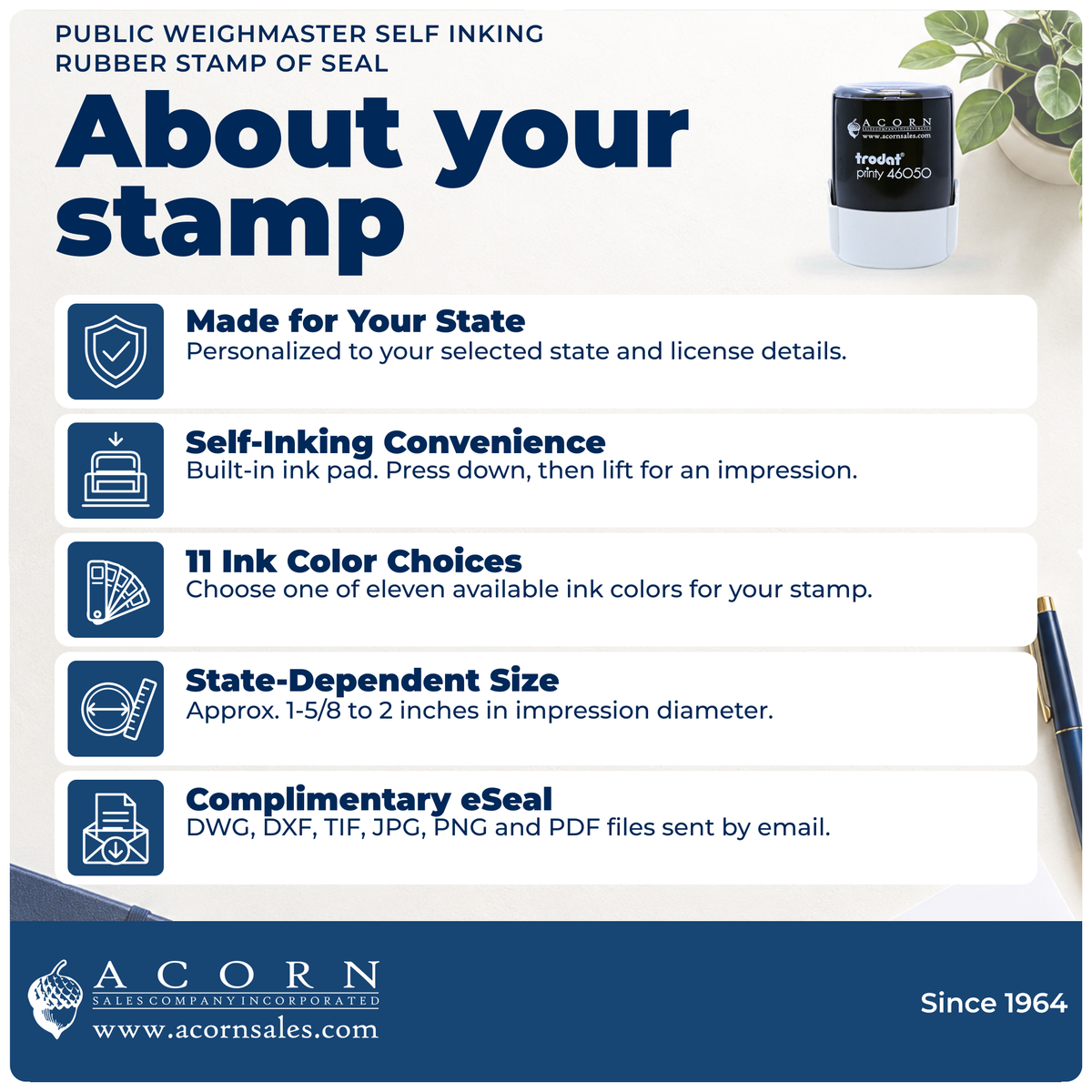 Public Weighmaster stamp overview: state specifications, self-inking use, 11 ink colors, size and eSeal files.