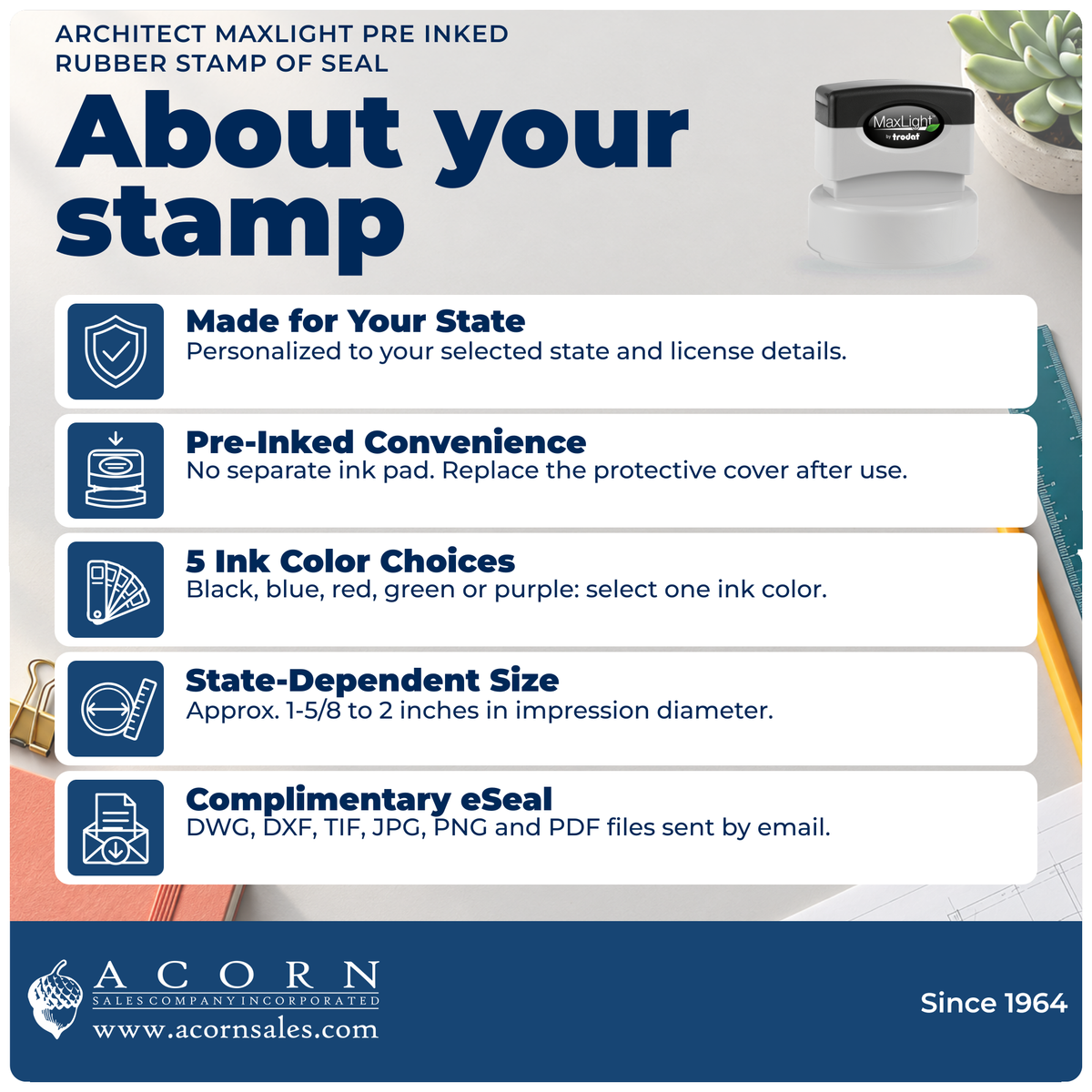 Architect stamp overview: state specifications, pre-inked use, 5 ink colors, size and eSeal files.