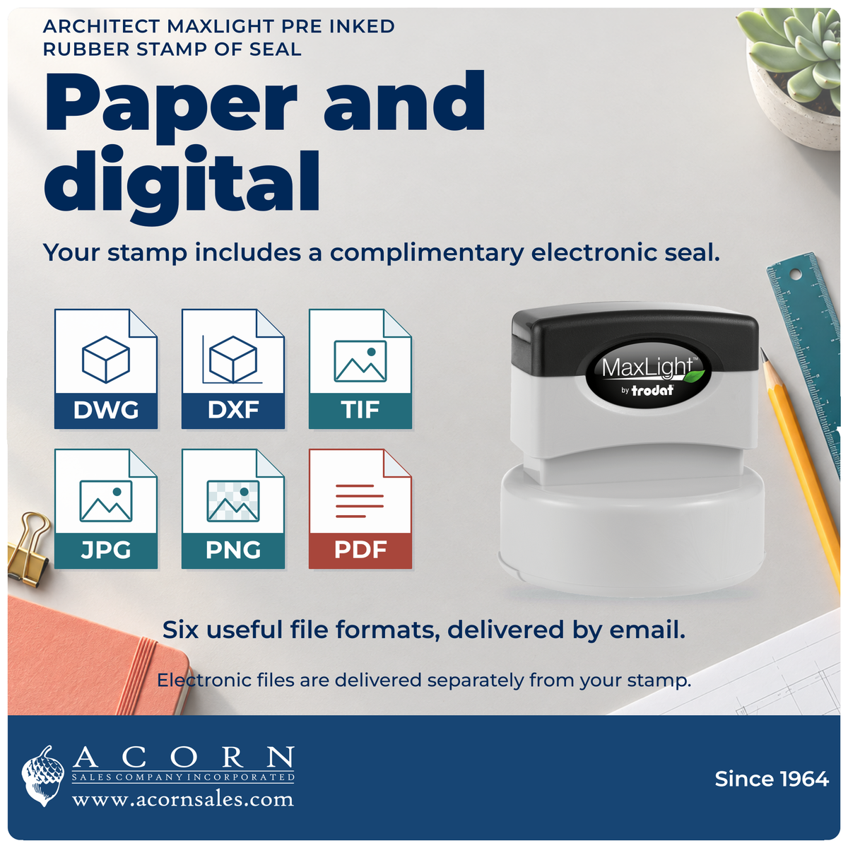 Architect stamp includes DWG, DXF, TIF, JPG, PNG and PDF eSeal files delivered by email.