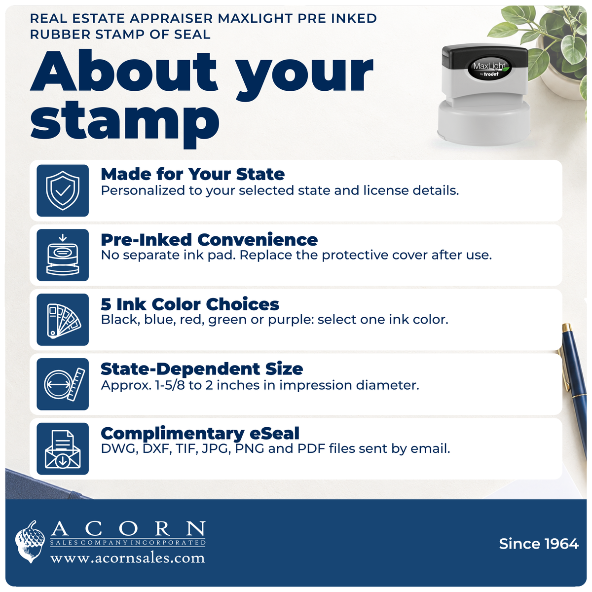 Real Estate Appraiser stamp overview: state specifications, pre-inked use, 5 ink colors, size and eSeal files.