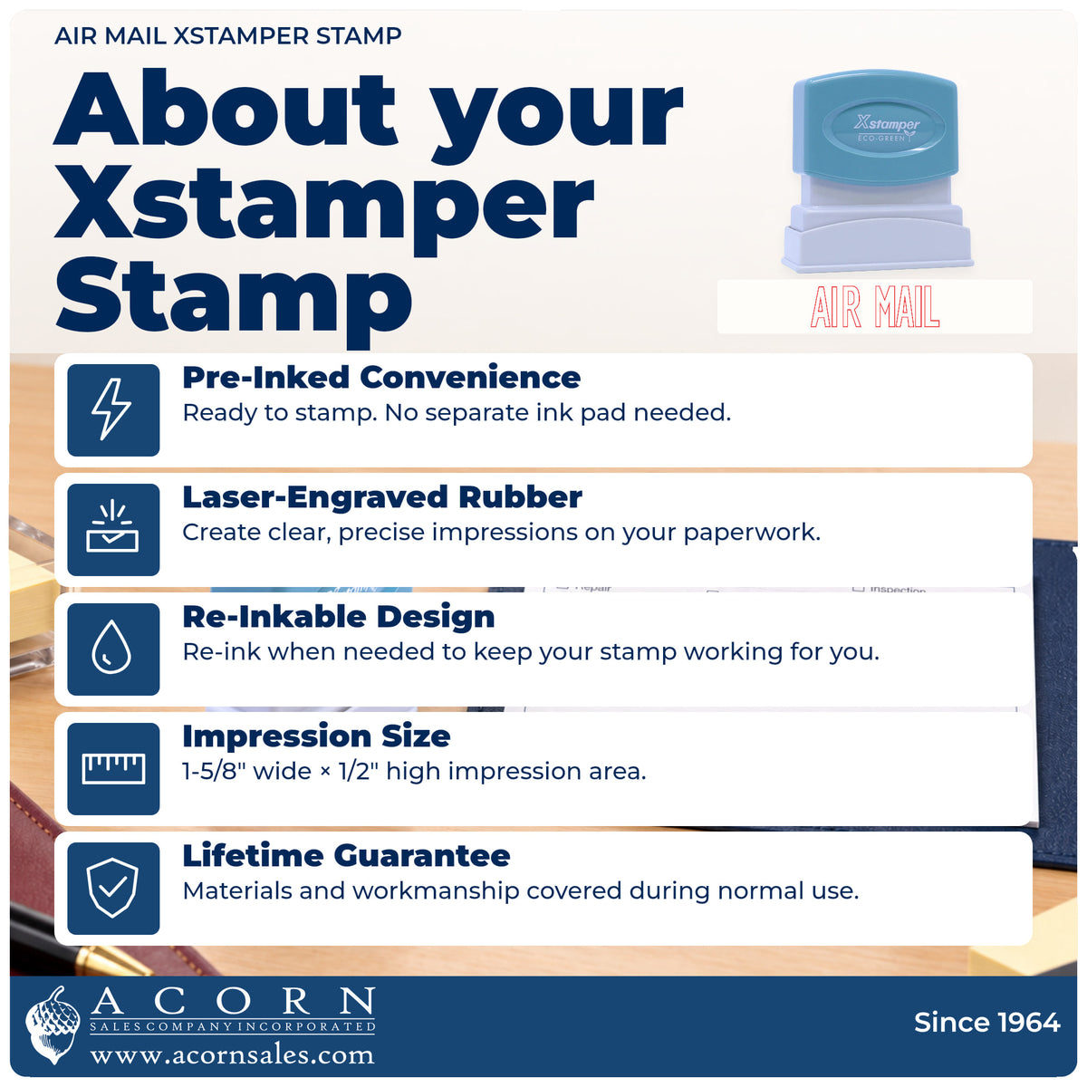 About your Air Mail Envelope Stamp: Xstamper 1001 pre-inked stock stamp facts