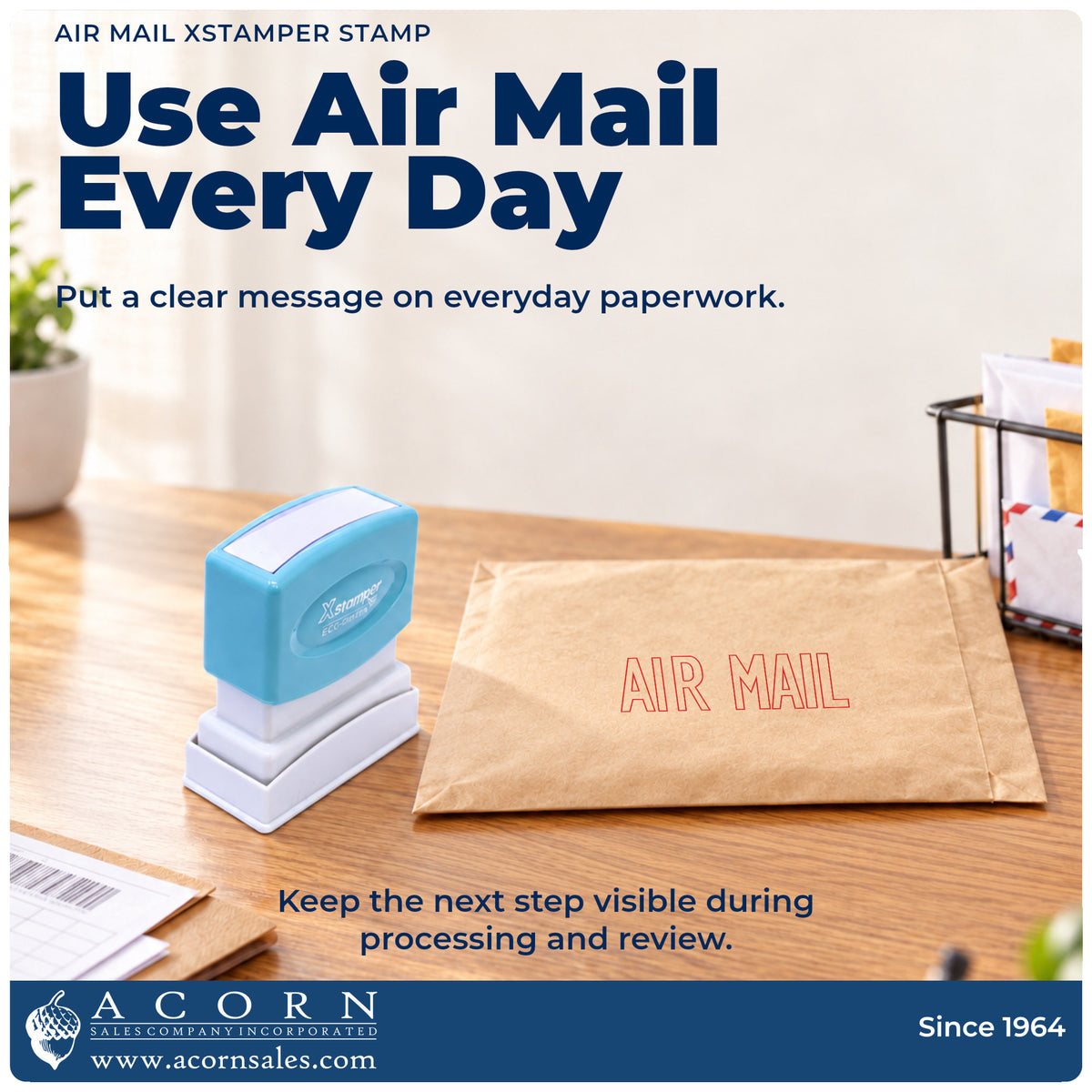 Air Mail Envelope Stamp being pressed to leave an imprint reading "Air mail"