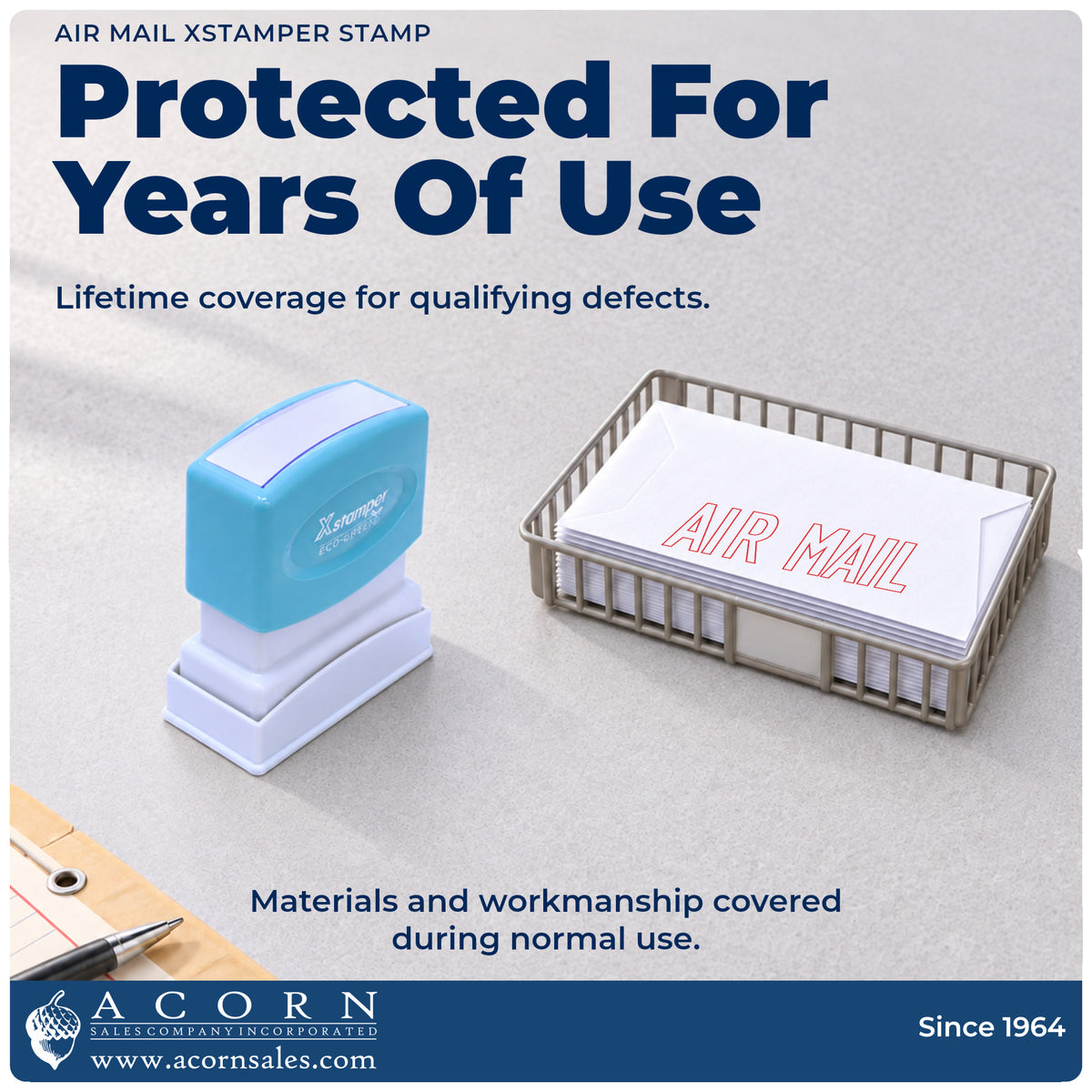 Lifetime guarantee graphic shown with the Air Mail Envelope Stamp from Acorn Sales
