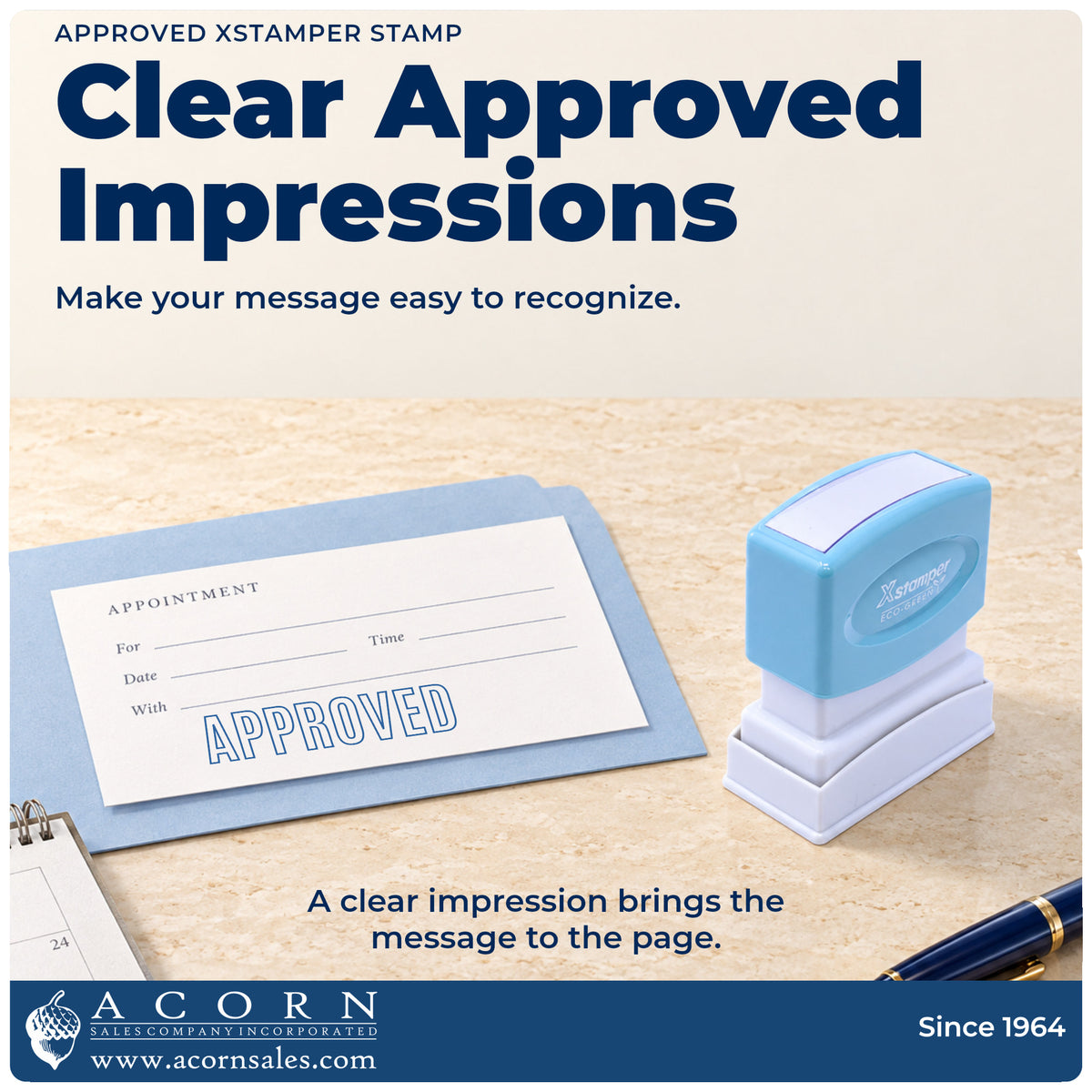 "Approved" imprint on office paperwork beside the Xstamper Approved Stamp