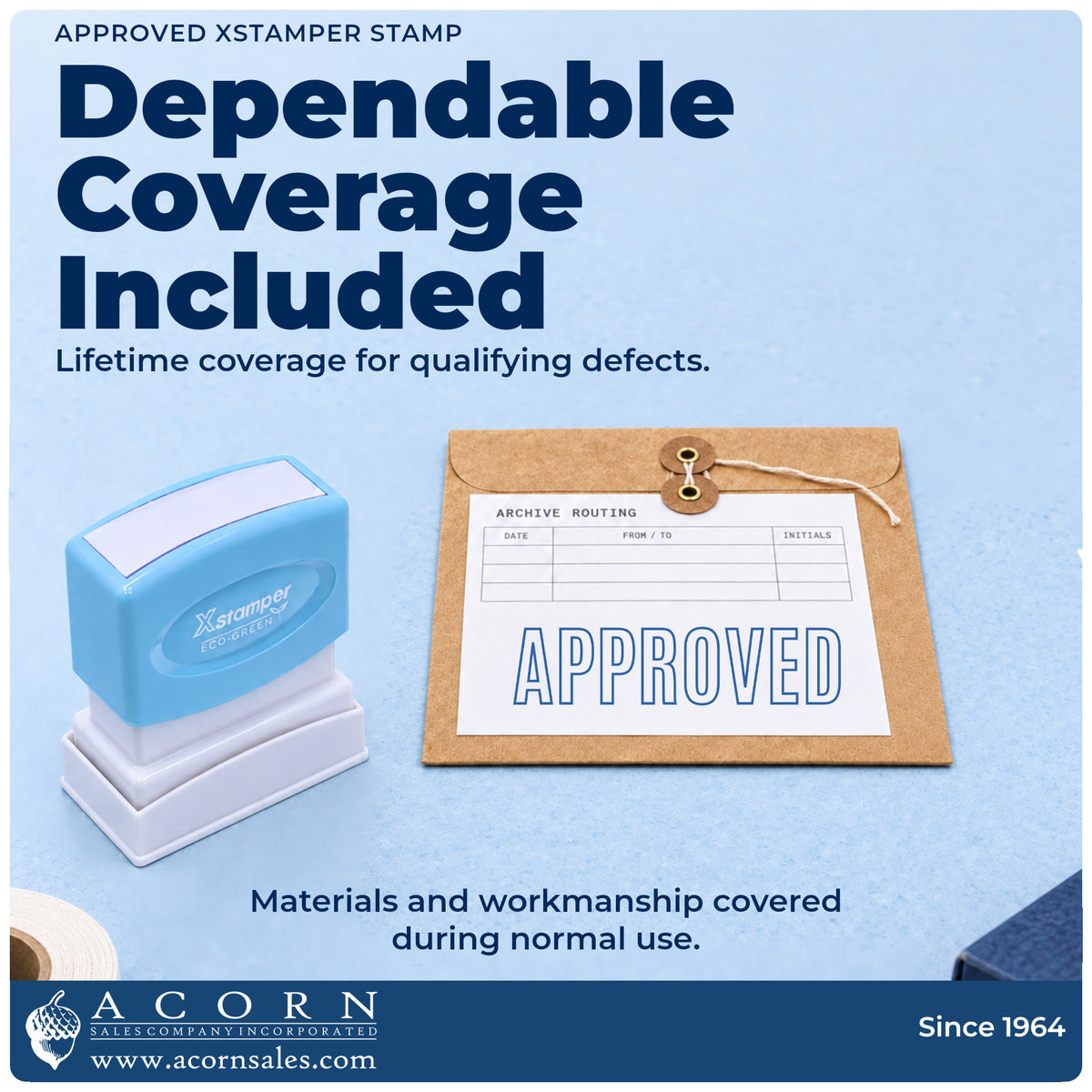 Lifetime guarantee graphic shown with the Xstamper Approved Stamp from Acorn Sales