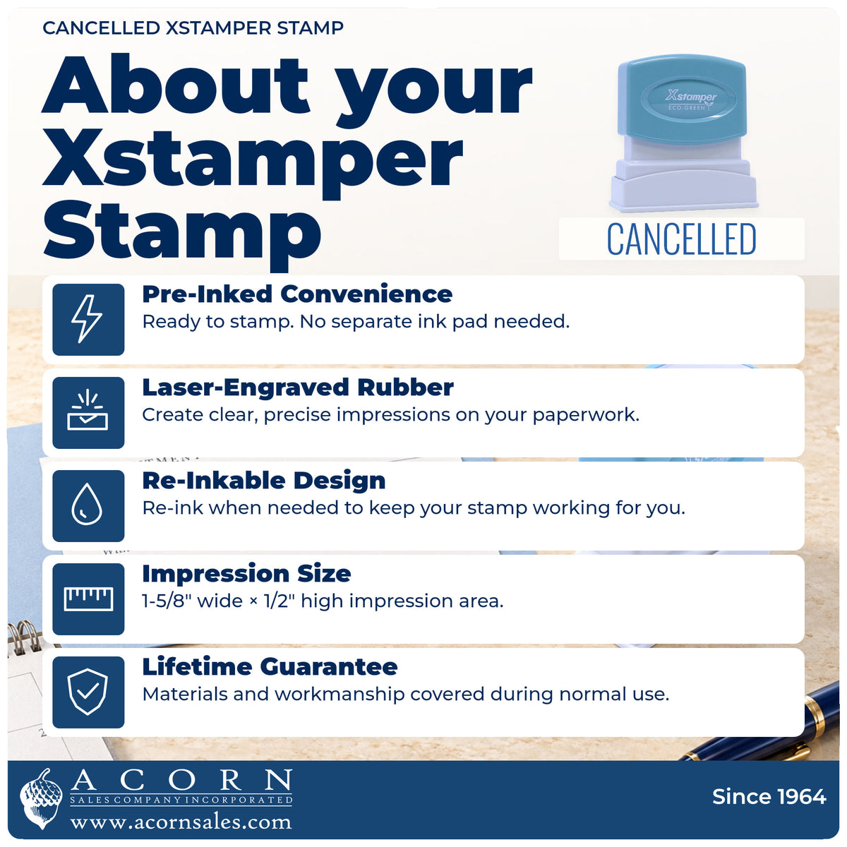 About your Cancelled Stamp For Account Paperwork: Xstamper 1119 pre-inked stock stamp facts