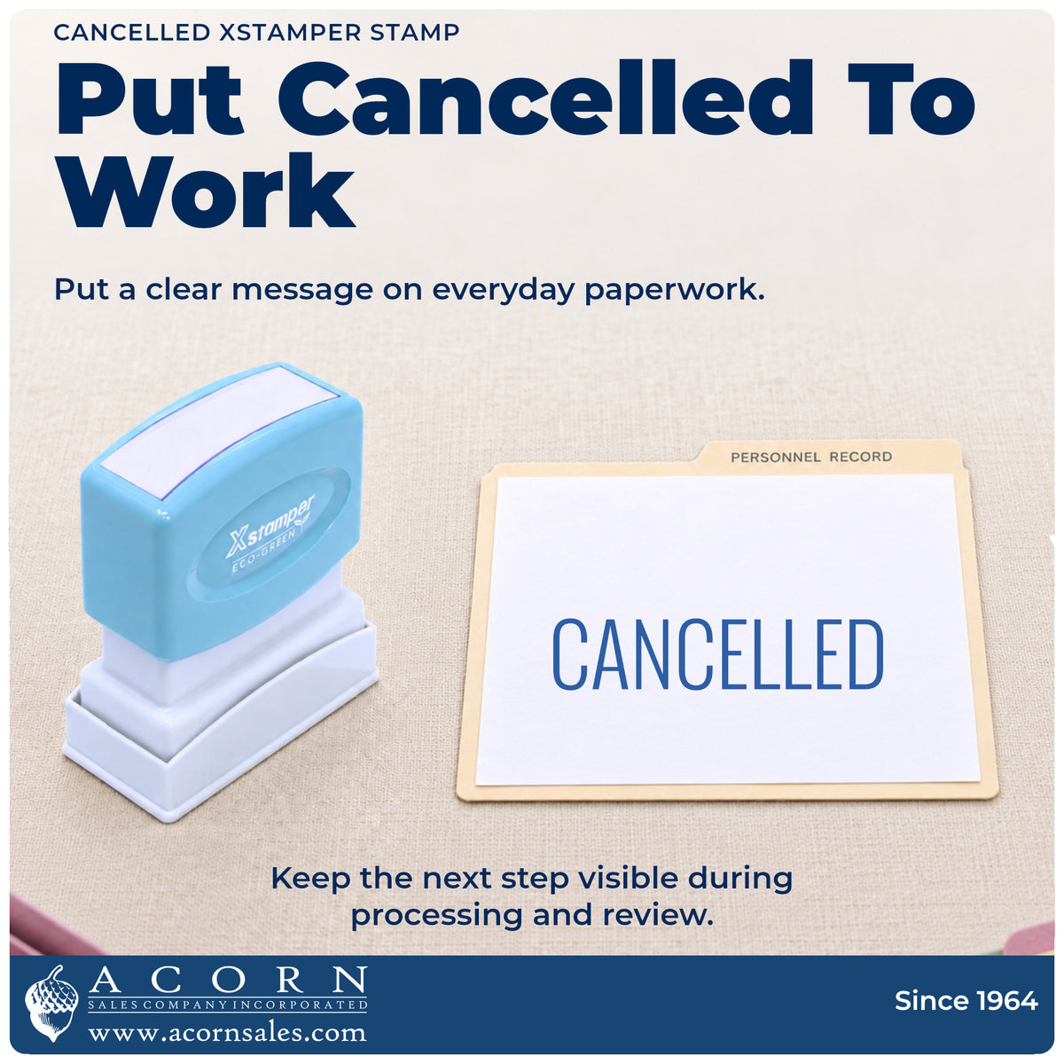 Cancelled Stamp For Account Paperwork being pressed to leave an imprint reading "Cancelled"