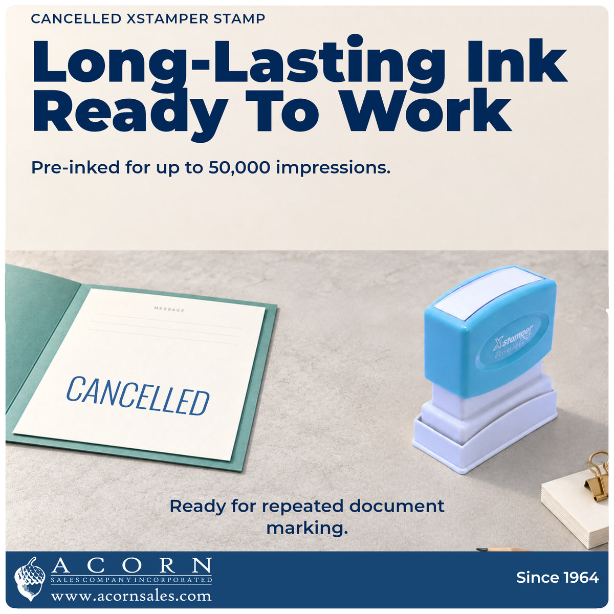 Re-inkable pre-inked build of the Cancelled Stamp For Account Paperwork shown in detail