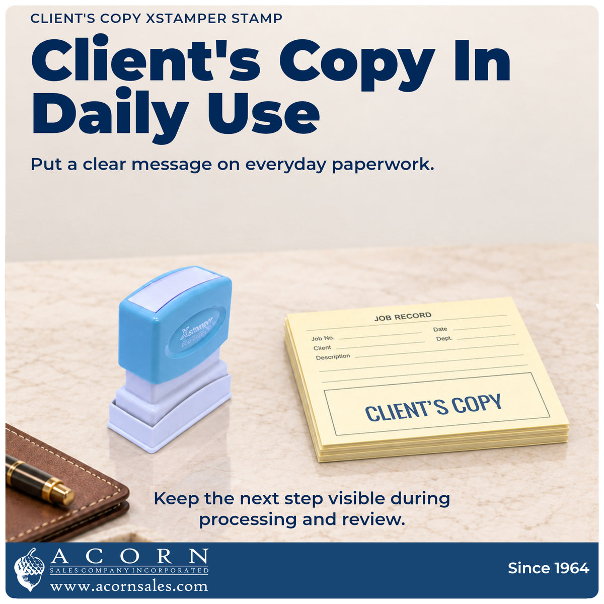 Client's Copy Stamp For Document Distribution being pressed to leave an imprint reading "Client's copy"