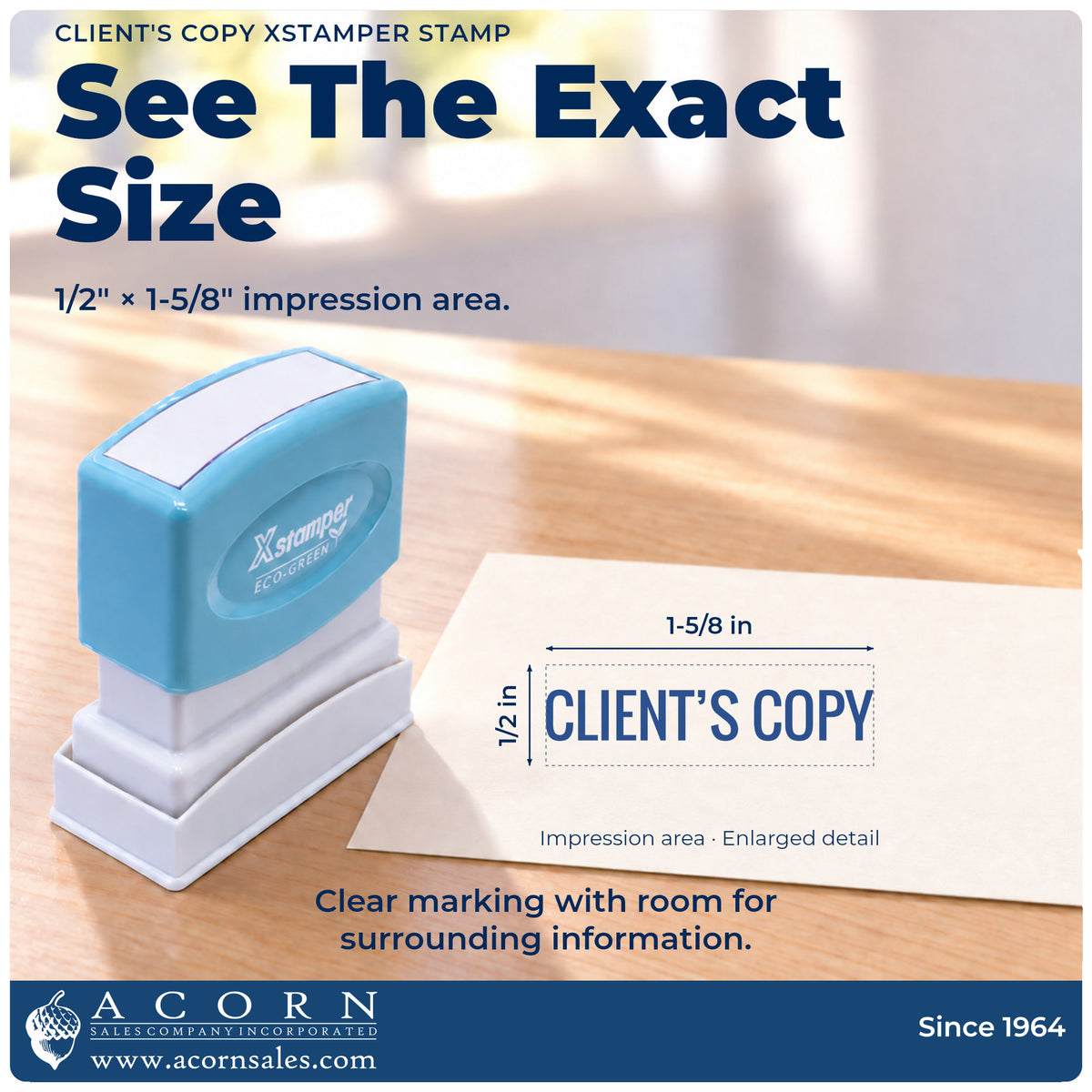 Impression size guide: the "Client's copy" imprint measures 1/2 x 1-5/8 in