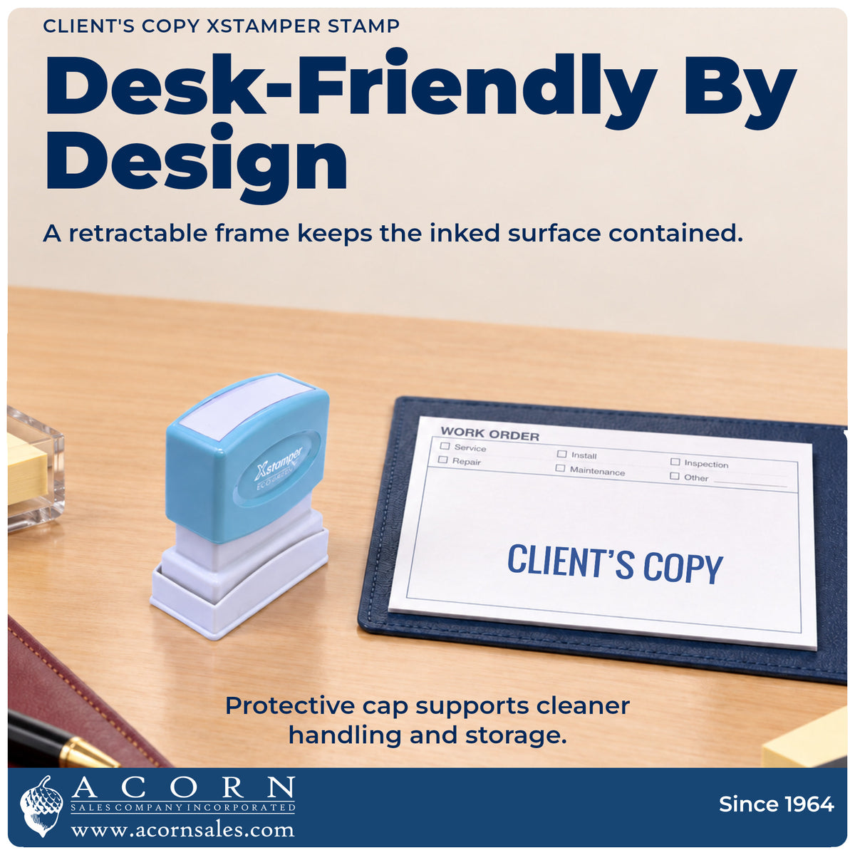 Features of the Client's Copy Stamp For Document Distribution: pre-inked Xstamper 1138, 1/2 x 1-5/8 in imprint