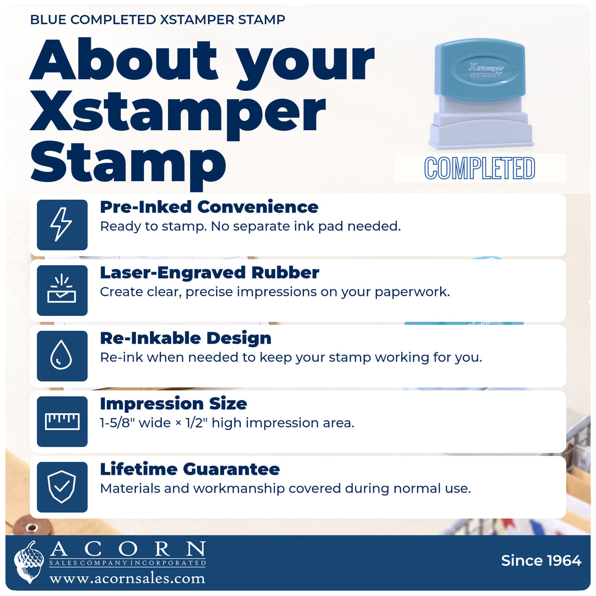 About your Blue Completed Office Stamp: Xstamper 1026 pre-inked stock stamp facts