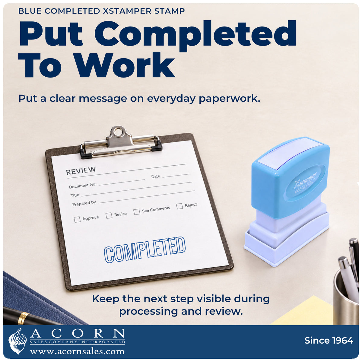 Blue Completed Office Stamp being pressed to leave an imprint reading "Completed"